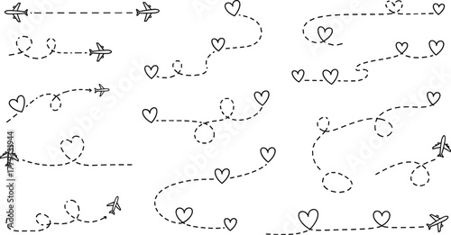Airplane flight path icons, heart shaped travel routes, romantic journey symbols, aviation love theme, dashed line illustration, cad drawing flat vector illustration