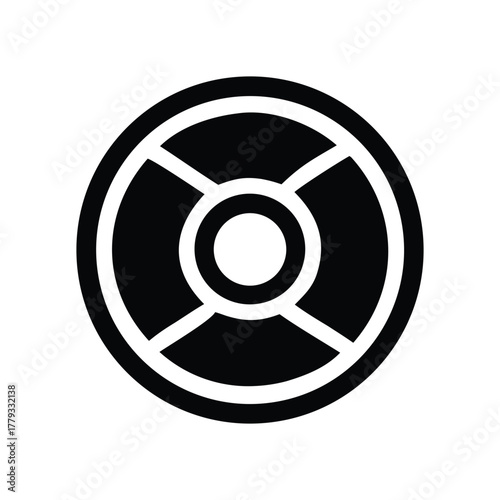 Abstract circular geometric design with four radial segments and a central circle, representing a stylized wheel or target emblem