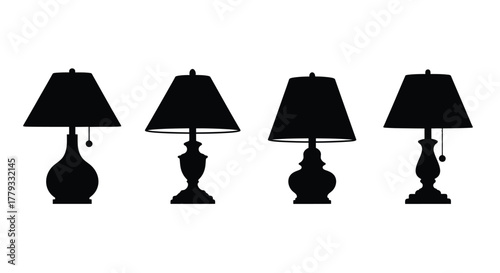 Four different table lamps isolated on white background are neatly arranged