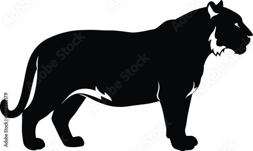 Tiger silhouette, black wild animal, jungle predator, wildlife illustration, majestic feline, nature art, profile pose, conservation symbol, bold graphic, stock image