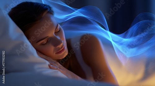 Peaceful woman rests comfortably under flowing ethereal light waves during nighttime