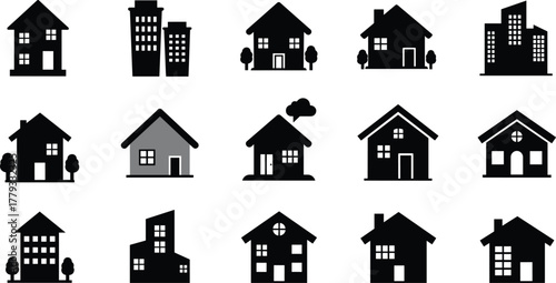 Building and house silhouettes, residential architecture icons, urban cityscape elements, commercial property symbols, real estate design, cad drawing flat vector illustration