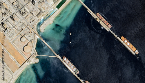 Industrial Horizon: Aerial View of Oil Refinery Near Doha, Qatar at Sunset
