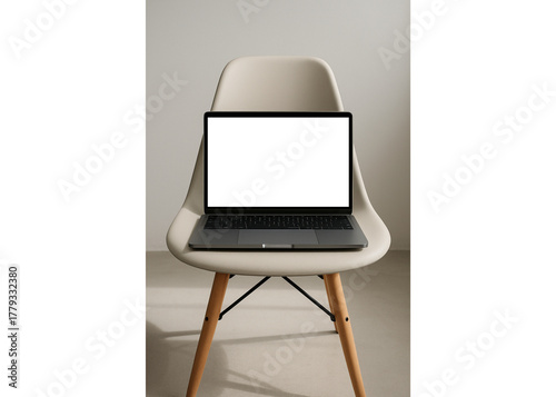 Modern laptop on stylish chair ready for creative work, online learning, or digital business in a minimalist studio setting, blank screen