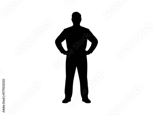 A silhouette of a person stands with hands on hips against a white background.