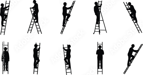 Foto Silhouette workers climbing ladders, construction safety poses, industrial teamw