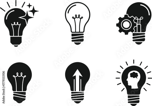 Six distinct lightbulb icons for diverse idea concepts