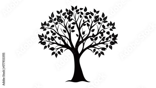 Symbol of Life: A minimalist silhouette of a majestic tree, its branches reaching towards the sky, its roots firmly grounded. It stands as a powerful symbol of growth, strength.