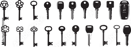 Key and car key fob silhouette vector set isolated on a transparent background.