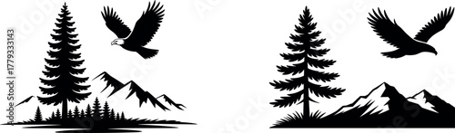 Wilderness Nature Landscape Vector. Flying Eagle, Pine Tree, and Mountain View Outdoor Graphic.