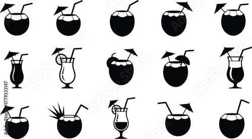 Tropical drink icons, coconut cocktail silhouettes, summer beverage symbols, exotic refreshment elements, holiday party design, cad drawing flat vector illustration