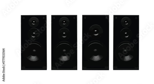 Four black speakers isolated on white background are arranged in a row