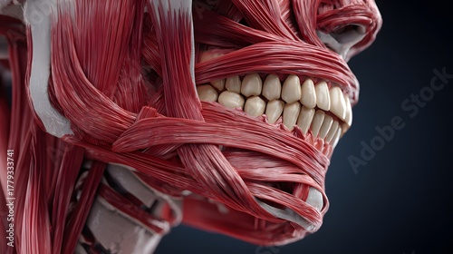 Detailed anatomical visualization depicts the exposed musculature and dentition of a human jaw structure