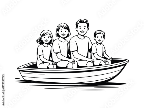 A happy family of four enjoys a boat ride together on a sunny day.