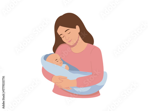 A gentle mother cradles her sleeping infant with love and tenderness in her arms.