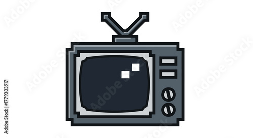 A simple, gray, pixelated illustration of an old television set with antennae on a white background.