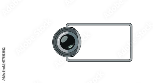 A gray camera lens with a rectangular outline on a white background in a minimalist graphic design.