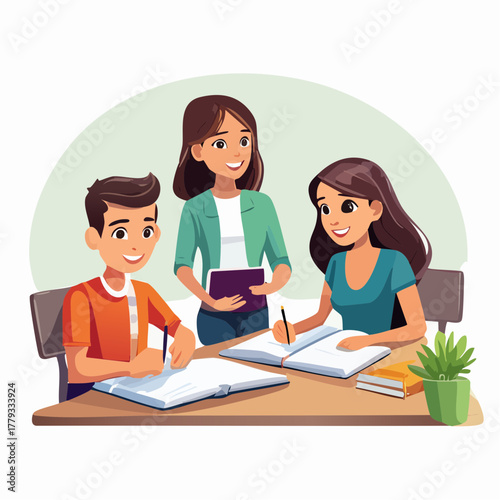 Teacher guiding two students in a classroom during a learning session, focusing on education and academic growth