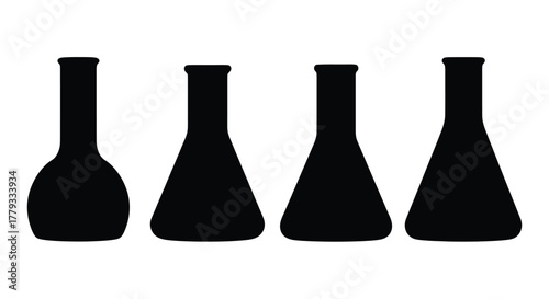 Four flask silhouettes isolated on white background in a horizontal row