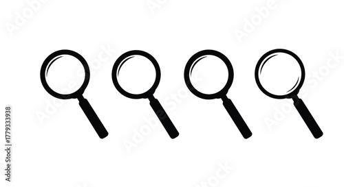 Four magnifying glass silhouettes isolated on white background in a row