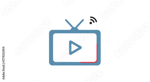 Flat design icon of a television with a play button on a white background, featuring a blue outline and antennae with a signal wave.