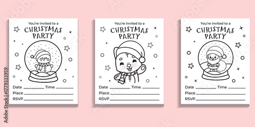 Set of Christmas party invitations, vector cute holiday coloring page