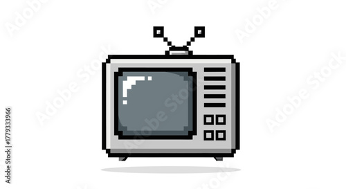 Pixel art illustration of a vintage television set with antennae on a white background in a minimalist style with a neutral color palette.