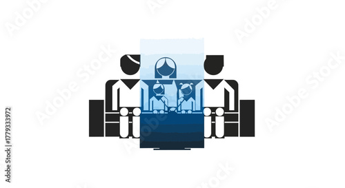 Illustration of a blue machine with black mechanical arms on a white background in a graphic design style.