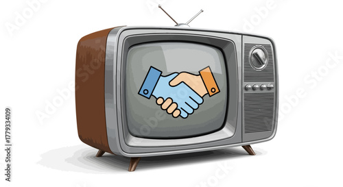 Vintage television set displaying a handshake graphic on its screen with antennae on top, against a plain white background.