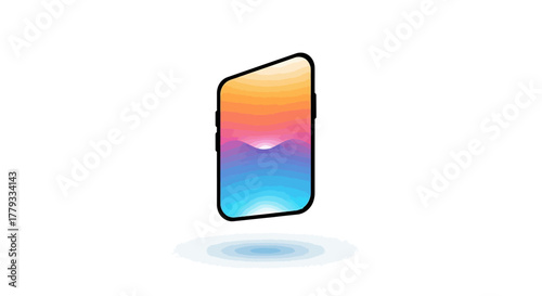 A smartphone with a vibrant screen displaying a serene landscape floats above a light blue glow on a white background.