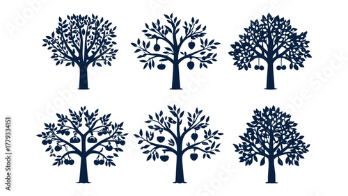 Orchard Icons: A curated selection of six elegant tree silhouettes, representing nature's bounty and the timeless allure of an orchard, ready for use in a variety of design applications.