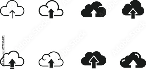 Cloud upload icons set for digital data transfer