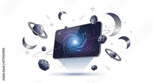 A tablet with a galaxy design surrounded by planets and moons on a white background with a cinematic visual style and a futuristic mood.