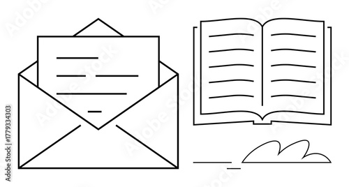 Open envelope with letter, open book, and minimalist decorative elements. Ideal for communication, education, reading, correspondence, learning publishing and minimalistic design. Simple flat