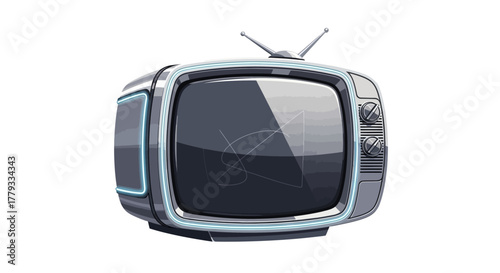 Vintage television set with antennae and dials on a white background, displaying a screen with static lines.