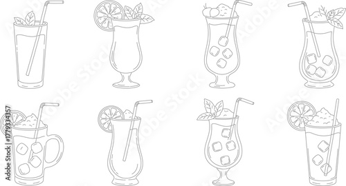 Collection of eight cold drink and milkshake line art icons, hand-drawn sketch vector set.