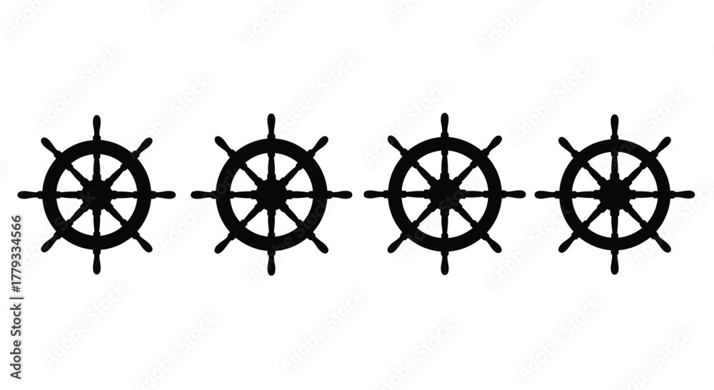Fototapeta premium Four black ship wheel silhouettes isolated on white background in a row