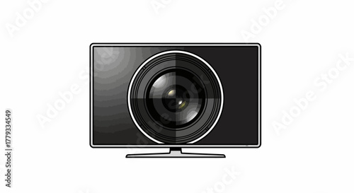 Close-up of a computer monitor displaying a large camera lens on its screen with a sleek design and metallic finish against a plain white background.