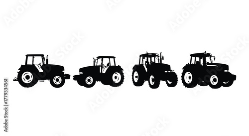 Four black tractor silhouettes isolated on white background in a row
