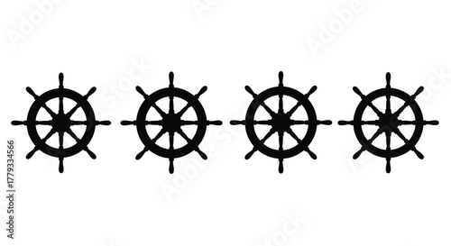 Four black ship wheel silhouettes isolated on white background in a row