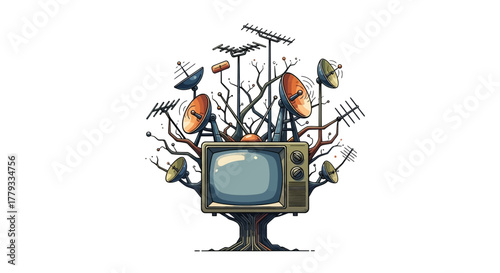 Illustration of a vintage television with a tree growing out of it, adorned with colorful birds and antennas, set against a clean white background.