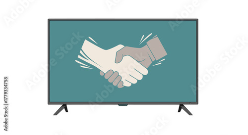 Flat screen television displaying a handshake graphic on a teal background with black legs on a white surface.