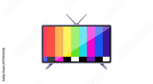 Test pattern on a vintage television set with a colorful screen and grey antennae on a plain white background.