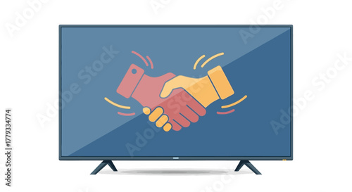 Flat-screen television displaying a handshake graphic on a blue background with angled lines, on a white background.