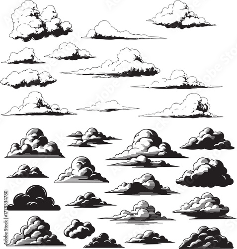 Cloud silhouette vector set in various shapes (cumulus, cirrus) isolated on transparent background.