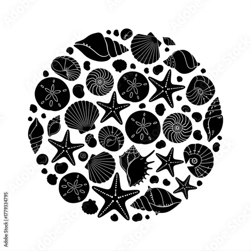 Circular arrangement of various black and white seashells and starfish silhouettes art