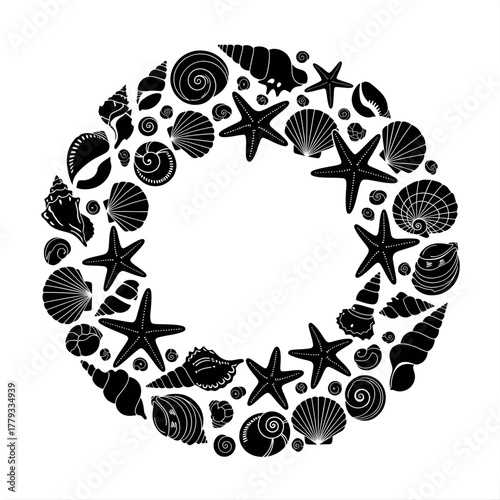 Circular arrangement of black seashells and starfish creating a wreath design element
