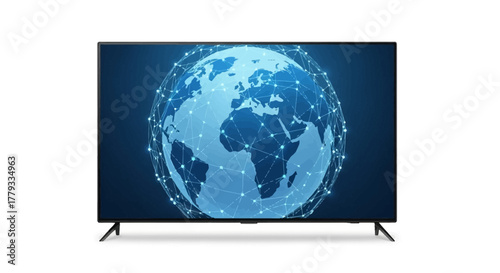 A large flat-screen television displaying a blue globe graphic on a white background with a dark blue gradient.