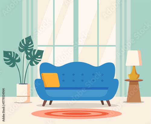 Living room interior in flat style. Modern interior of the living with furniture. Vector stock