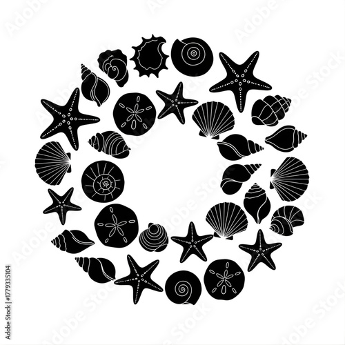 A circular arrangement of various seashells and starfish in black silhouette style design